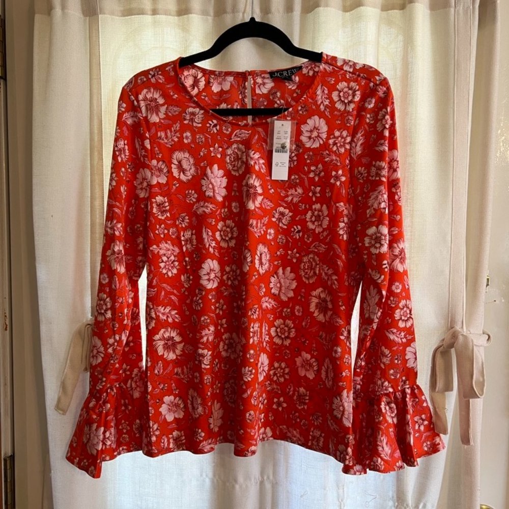 NWT Womens Medium J. Crew Floral Blouse Long Sleeve Flounce Wrist Button Back